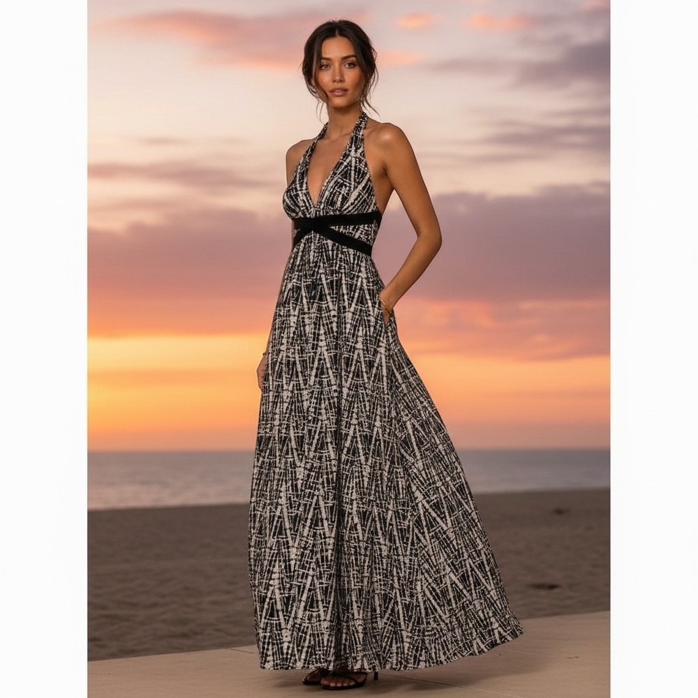 Y2K BCBG Max Azria Silk Halter Gown Womens 6 Sequin Maxi Formal Boho Dress